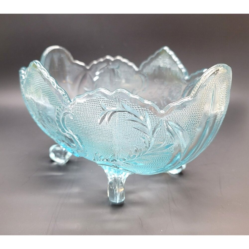 Blue Glass Bowl Jeannette Lombardi Floral Oval Footed Dish DD19